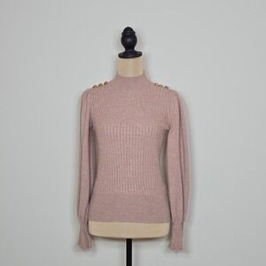 Adrianna Papell Pink Ribbed Mock Neck Puff Sleeve Sweater Gold Button Small